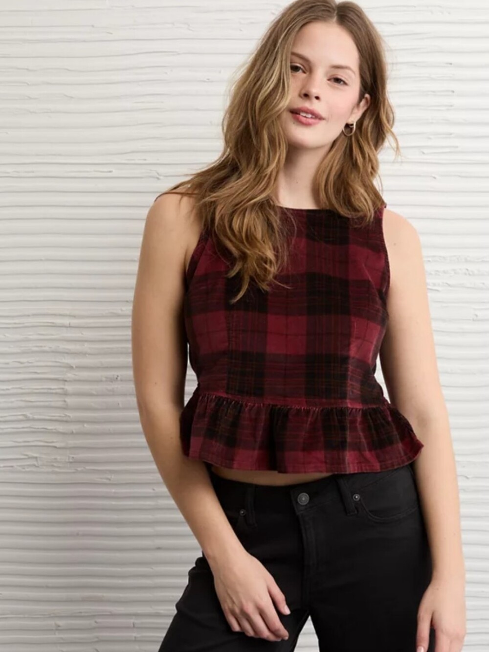 American Eagle Sleeveless Back Bow Peplum Tank Top Red Plaid Velvet Boxy XXL